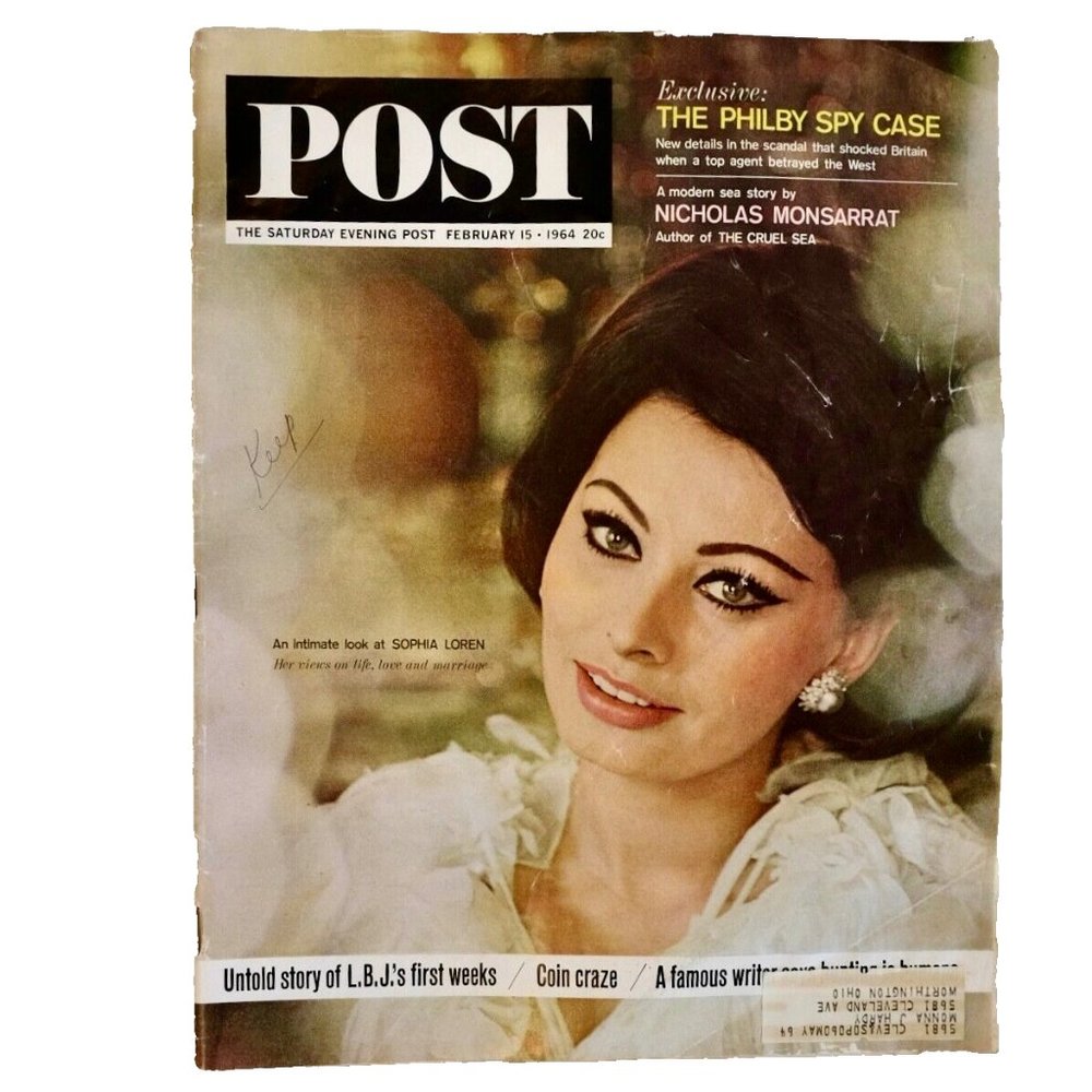 VINTAGE 1964~SATURDAY EVENING POST MAGAZINE~SOPHIA LOREN + LYNDON B JOHSON